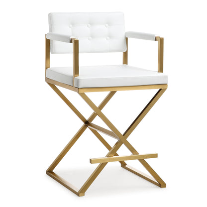 Director White Performance Vegan Leather and Gold Steel Counter Stool