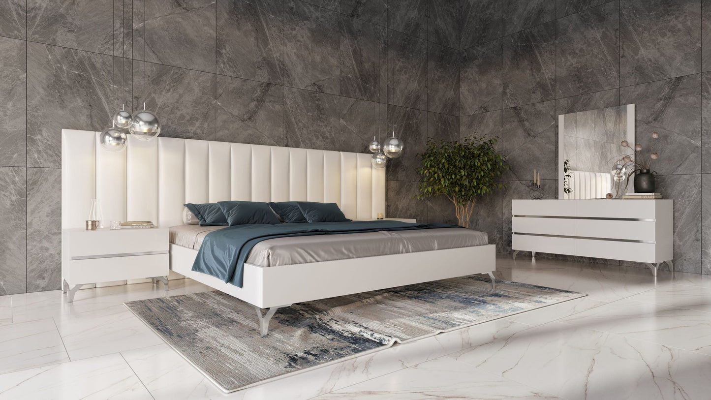 Nova Domus Angela - Italian Modern White Eco Leather Bed w/ Nightstands and Wings