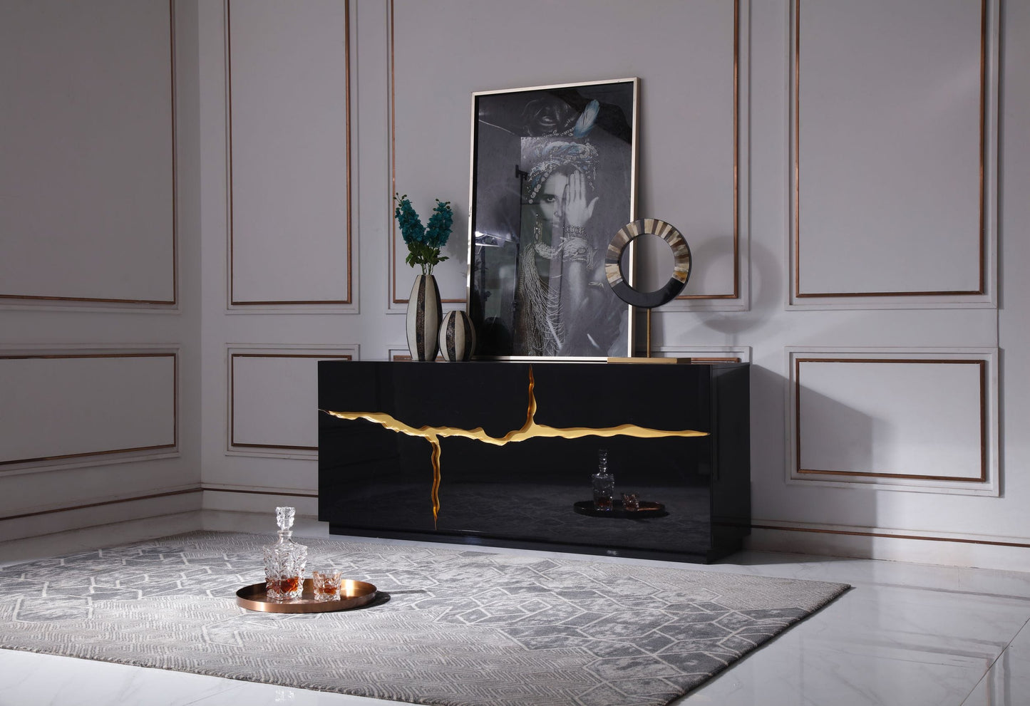 Modrest Aspen - Modern High Gloss Black & Gold Buffet