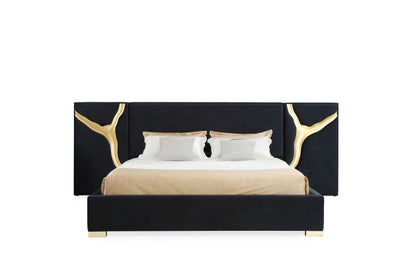 Aram Modern Glam Black Gold Bed + Nightstands