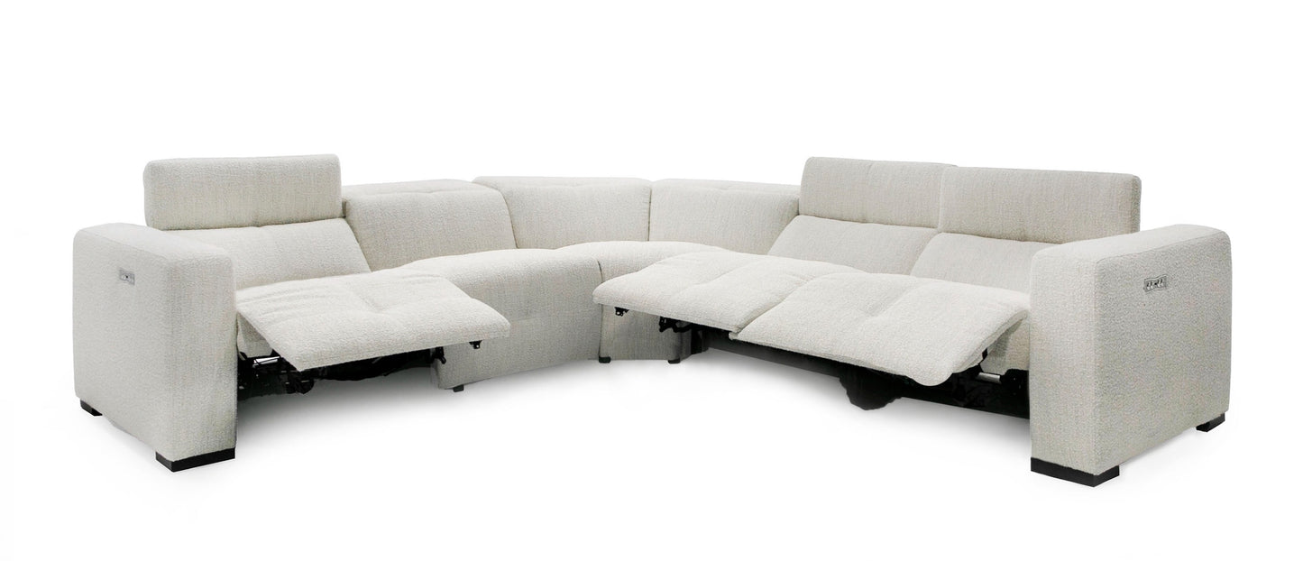 Divani Casa Beck- Contemporary White Fabric Sectional Sofa with 3 Recliners