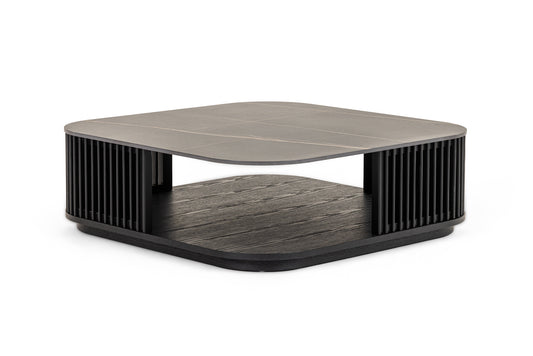 Modrest Chip - Modern Black Ceramic + Black Ash Square Coffee Table