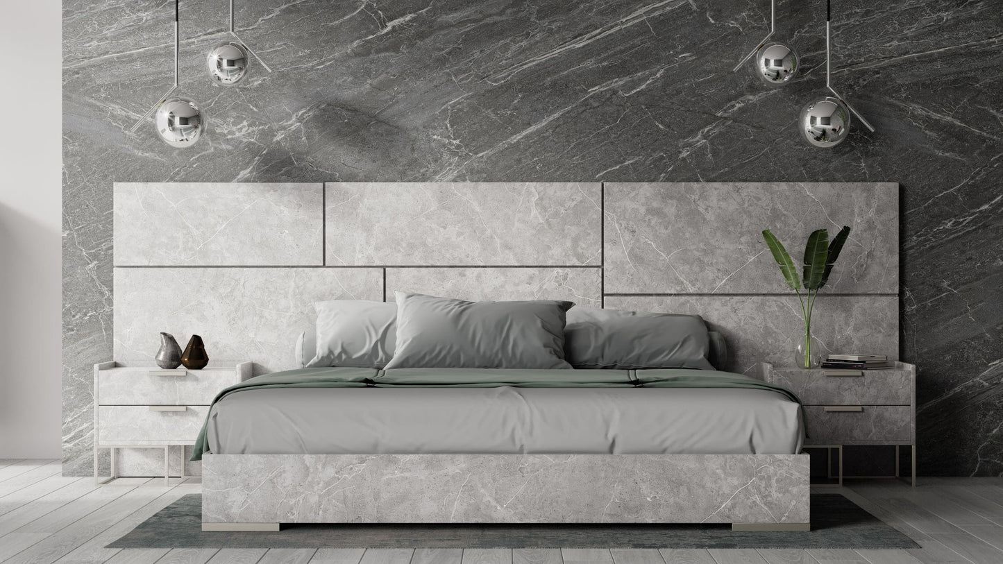 Nova Domus Marbella - Italian Modern Grey Marble Bed w/ 2 Nightstands