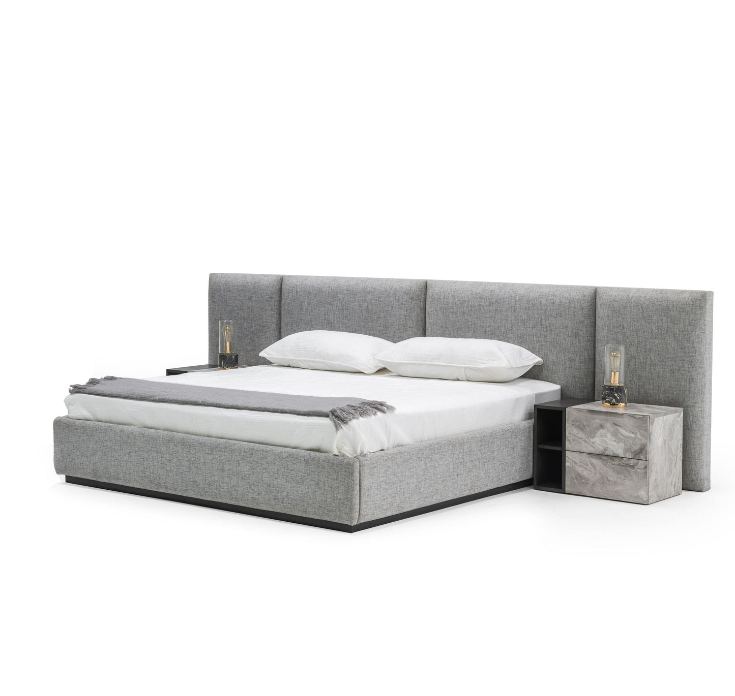 King Maranello Modern Grey Fabric Bed w/ Two Nightstands