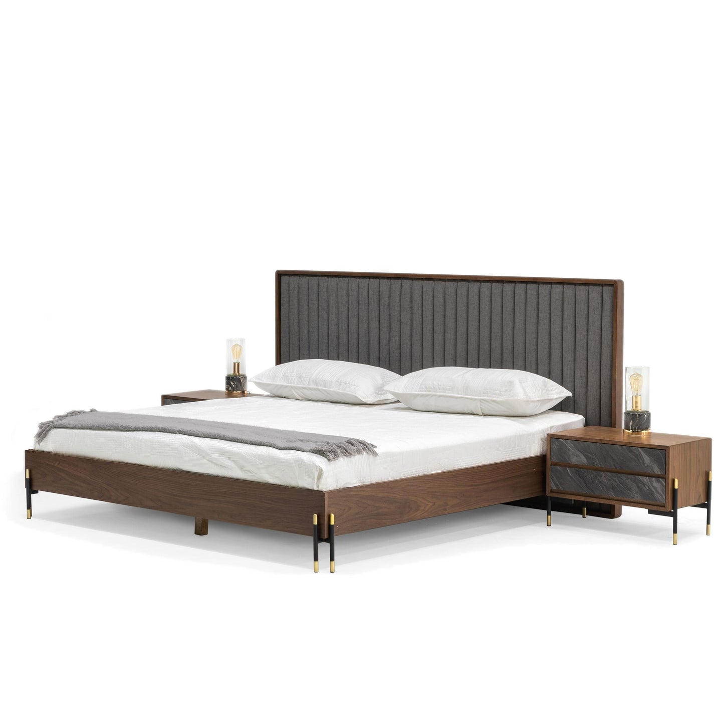 Queen Nova Domus Metcalf - Mid-Century Walnut & Grey Bed w/ Two Nightstands