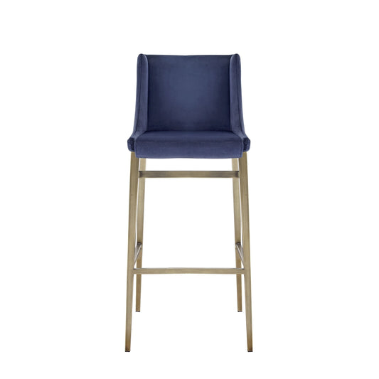 Modrest Mimi - Contemporary Blue Velvet & Antique Brass Bar Stool (Set of 2)