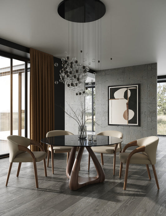 Modrest Christy - Mid-Century Modern Grey Glass + Walnut Round Dining Table