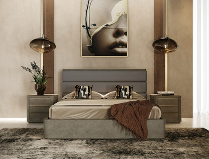 Modern Grey Leather & Beige Shagreen Bedroom Set